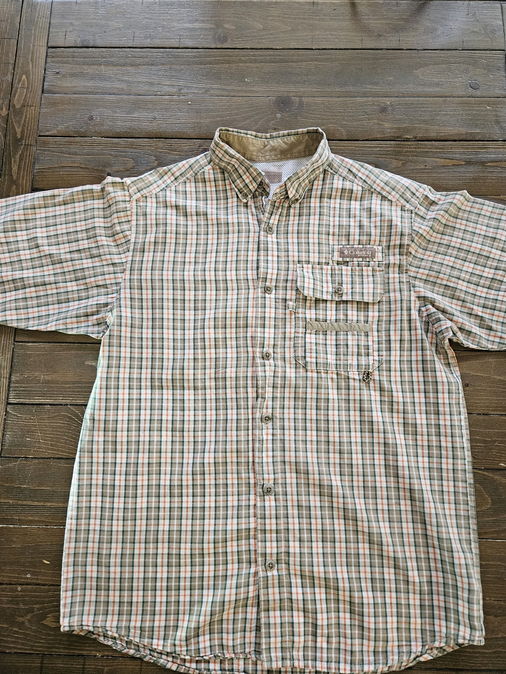 Columbia PHG Hunting Shirt Mens Large Plaid Vented Button Up Short Sleeve Tan